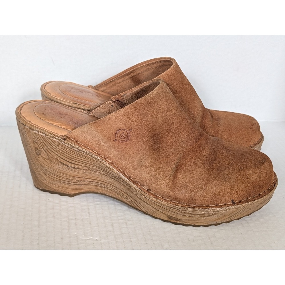 Børn Women's 9M Brown Leather Suede Wedge Clog Slip On Mules Platform Shoes